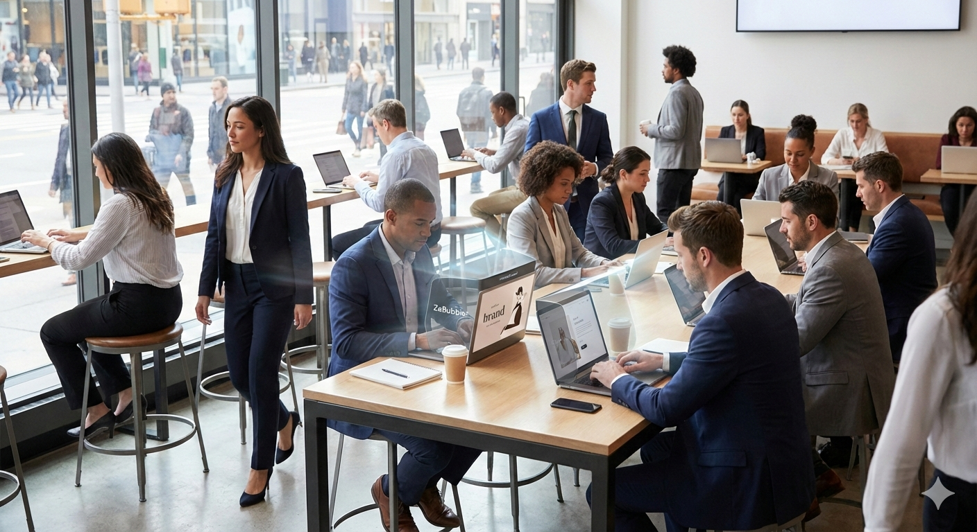 Espace de coworking avec professionnels sur ordinateur et visières ZeBubble®
